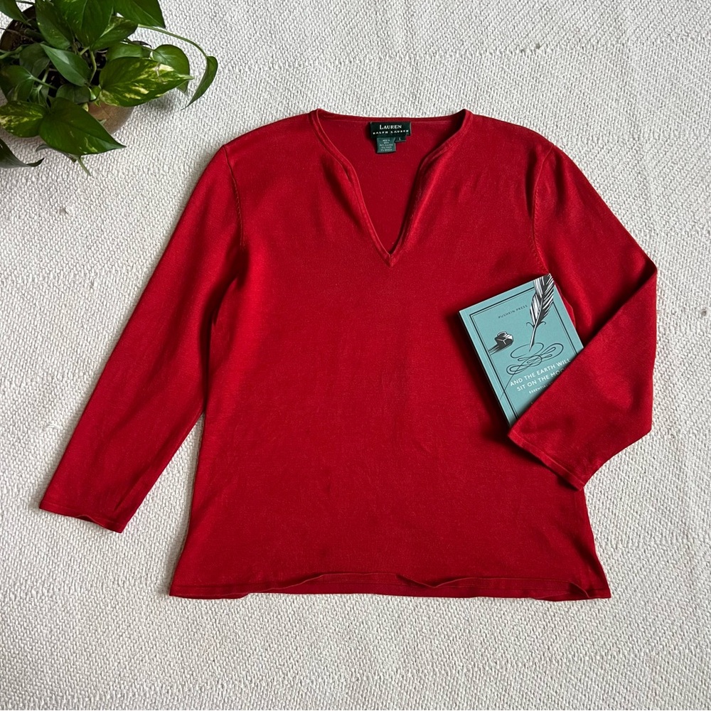 Vintage Ralph Lauren Silk Red 3/4 Sleeve Knit Top Large